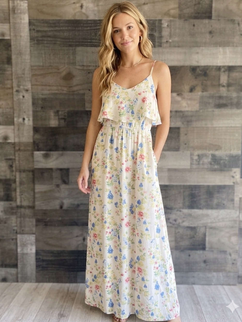 LC Lauren Conrad Cream Floral Ruffle Maxi Dress